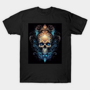 Skull on Blue Fire: Baroque Vintage Ornament Background T-Shirt